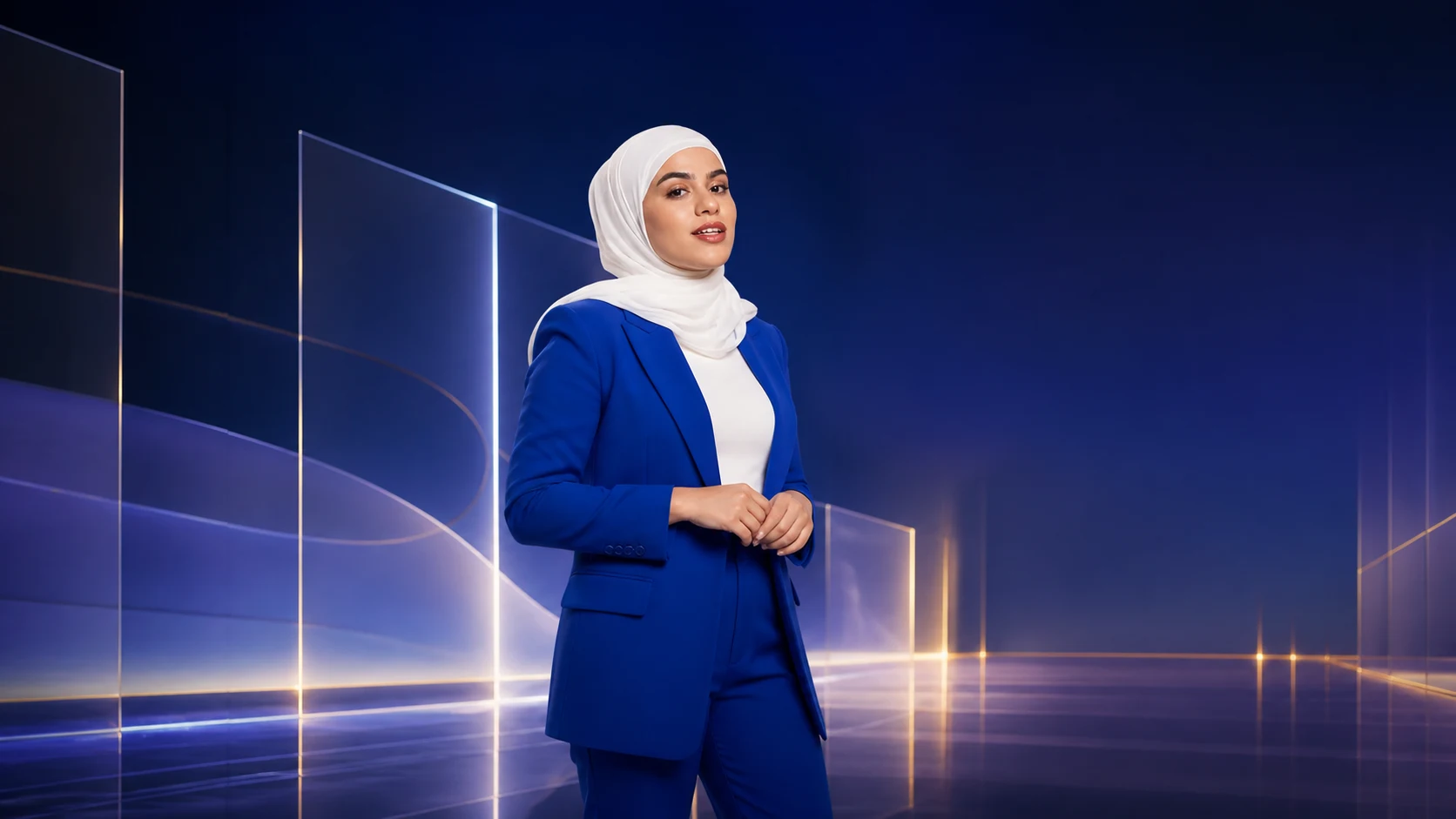 Razan Cheaito in a blue suit inside a cobalt and violet studio